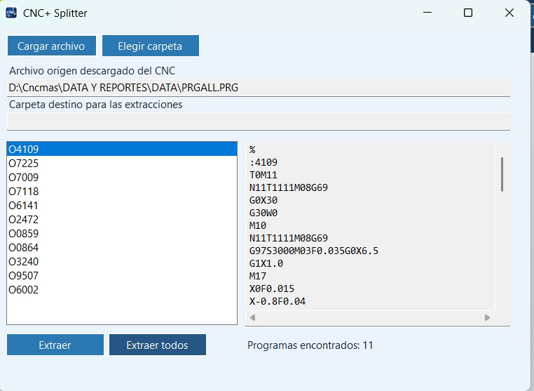 Pantalla de CNCMAS Splitter organizando programas CNC